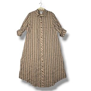 Finley Maxi Shirt Dress Size Large Khaki Black Shimmer Metallic Rose Gold Plaid